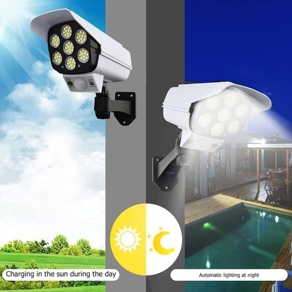 Solar-powered 2000-lumen motion sensor light with 77 LEDs, remote control, waterproof design (IP65), and a camera-like appearance for security; perfect for outdoor areas like porches, gardens, patios, and driveways.