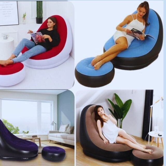 Inflatable seat with footrest and pump in red, blue, purple, and brown color options – portable comfort for home or travel use